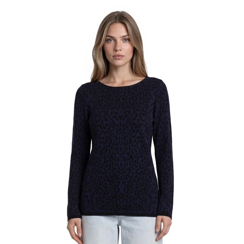 41 Hawthorn Sweater Women's Size Medium Navy Blue Leopard Faux Leather Trim